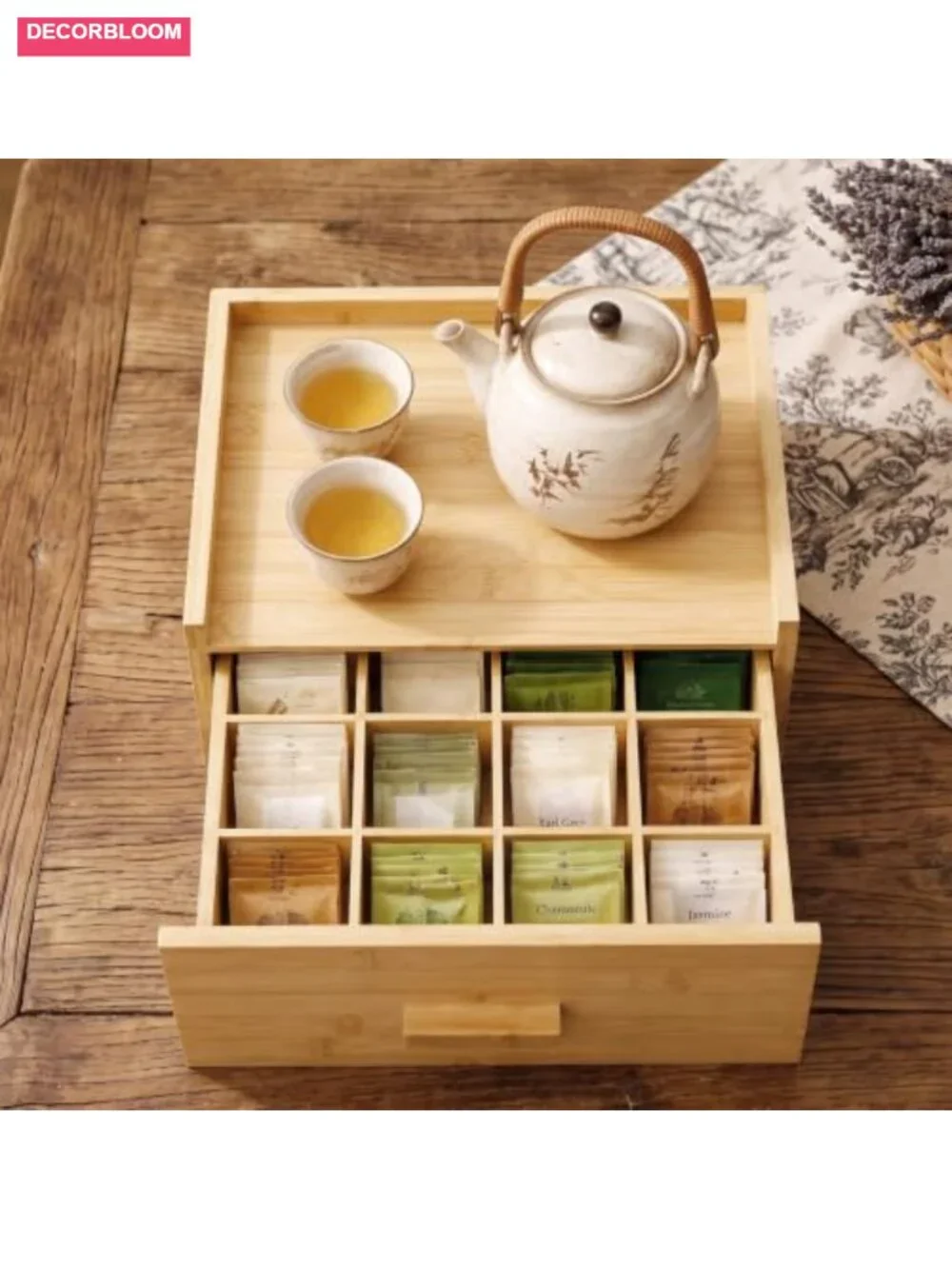 Bamboo Tea Bag Organizer Box with Drawer for Counter